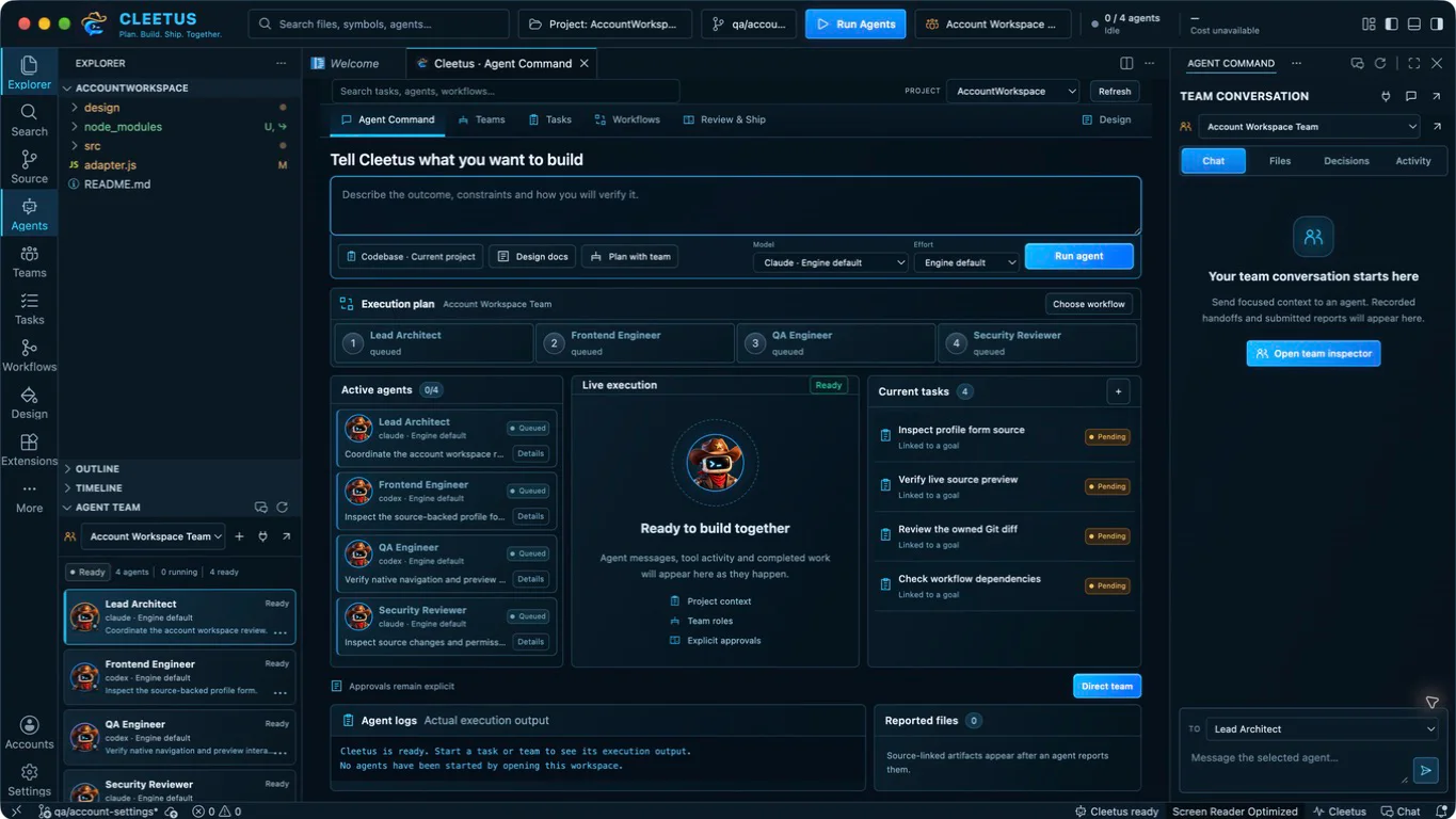 Native central Agent Command with actual project plan and ready team