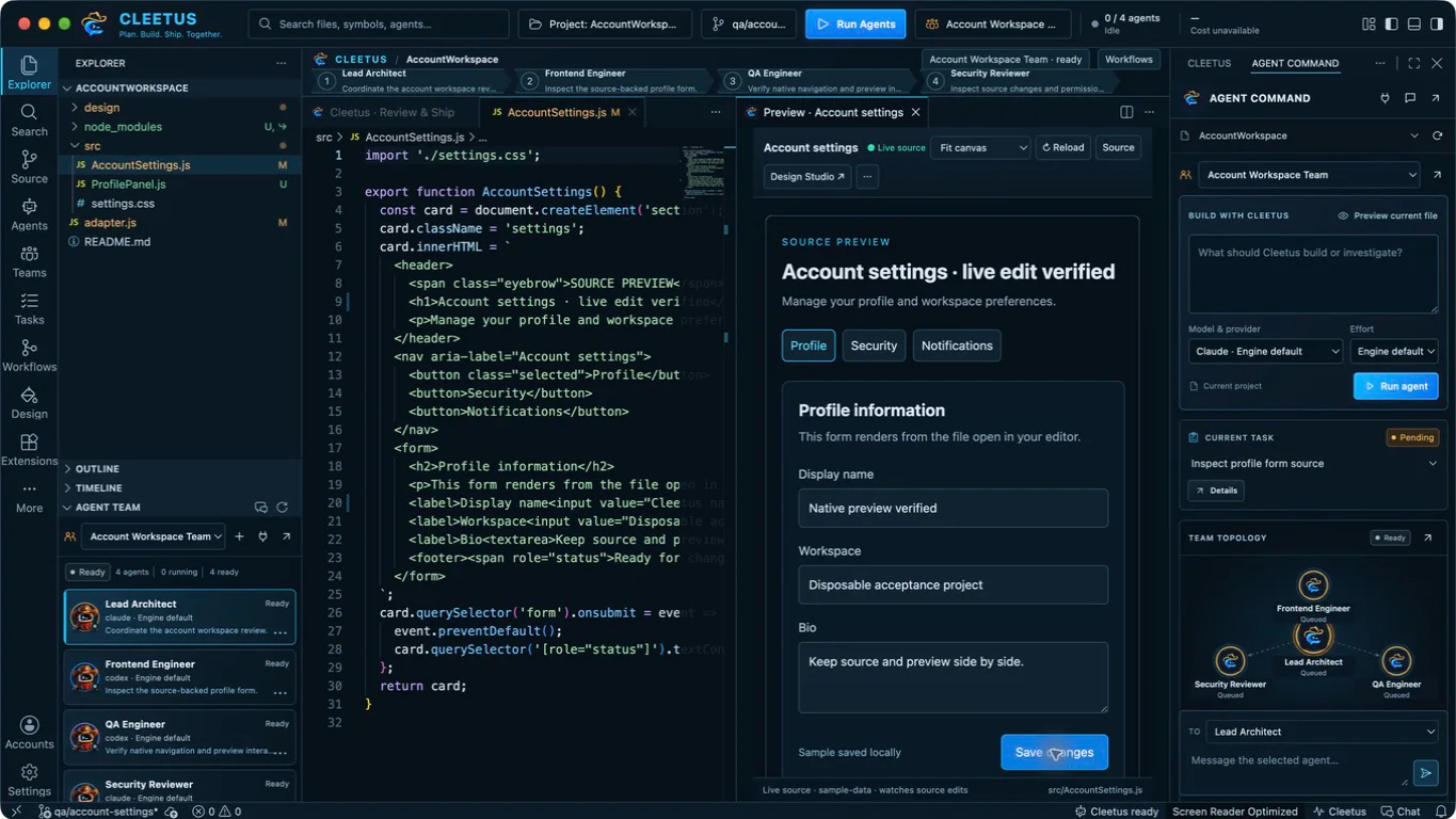 Native editor with source, live preview and agent docks